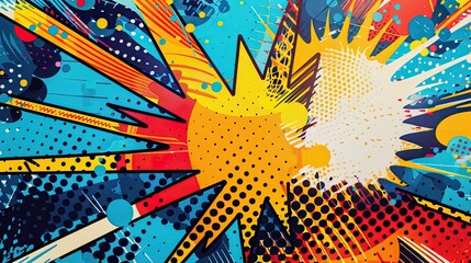 Playful blue backdrop with bold sunbursts and vibrant dotted comic elements