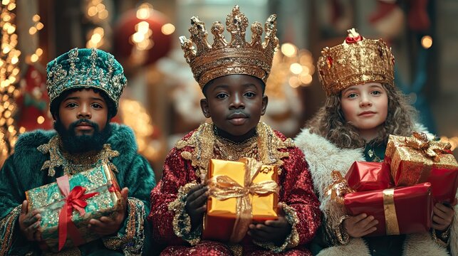 Children representing Three Kings, with presents on hands.