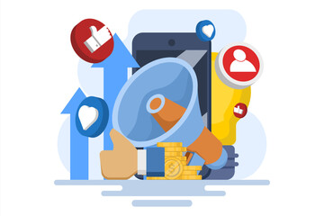 Social media marketing strategy concept, digital marketing agency, startup business, promotion, e-commerce, online social media marketing campaign. flat vector illustration.