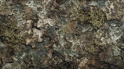 Fototapeta premium Wallpaper with bark and moss textures highlighted by soft light in natural tones