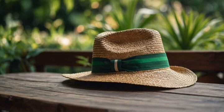 A straw hat with a green stripe sits on a wooden table.