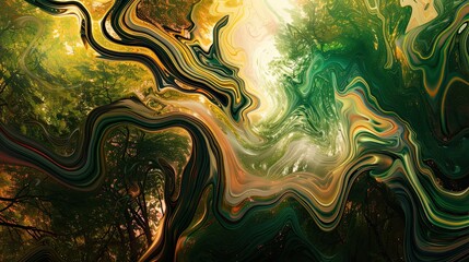 Abstract forest wallpaper with swirling textures and vibrant shimmering light effects