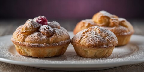 A plate of four small pastries with powdered sugar on top.