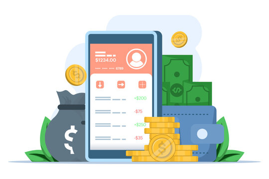 Online banking and mobile payments concept, login to bank account, digital wallet, internet money, savings and finance, mobile banking. Flat vector illustration on background.