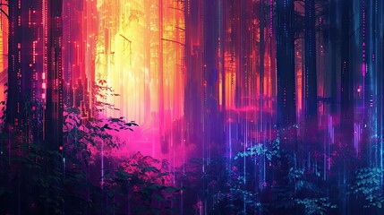 Obraz premium Modern forest scene with glitch effects and luminous highlights in vibrant colors