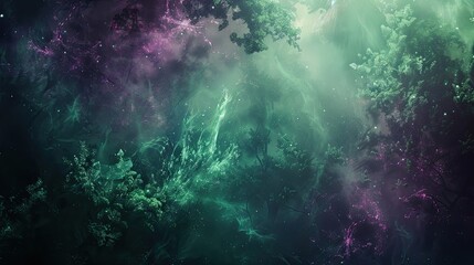 Fototapeta premium Forest background with glowing shapes and light flares in deep green and purple
