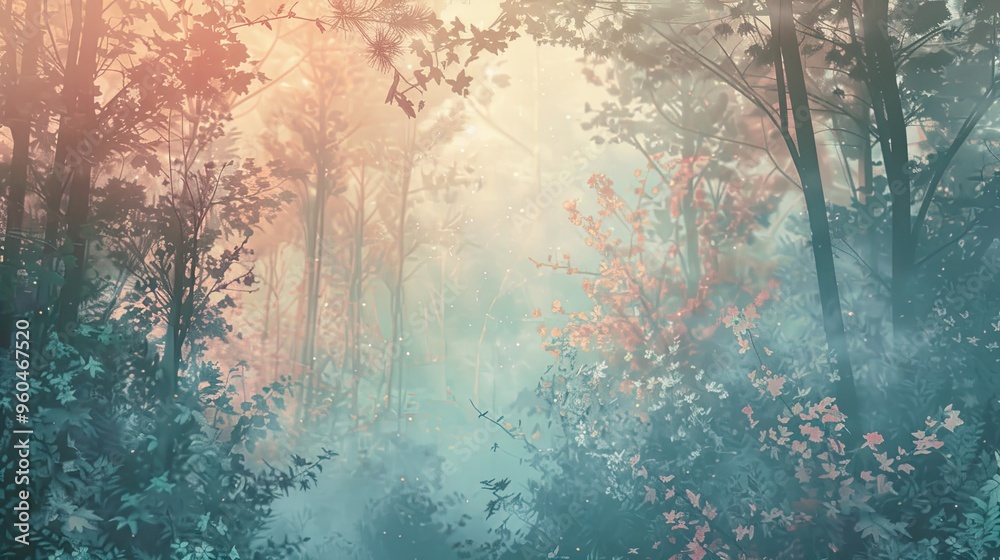 Sticker Layered semi-transparent foliage and soft light creating a dreamy forest background