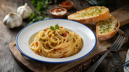 A plate of spaghetti aglio e olio with garlic, olive oil, red pepper flakes, and parsley, served with a side of crusty garlic bread on a rustic wooden board.