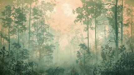 Serene forest wallpaper with soft-focus textures and smooth gradients in coral tones