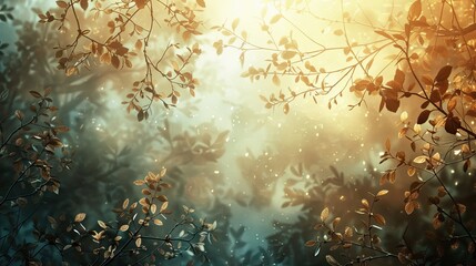 Ethereal forest background with fractal-like leaf patterns and soft warm light