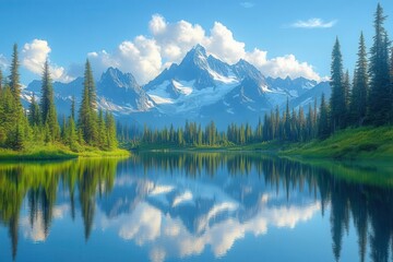 tranquil alpine lake at golden hour mirrorlike surface reflecting snowcapped peaks wispy clouds catching warm light dense evergreen forest framing the scene