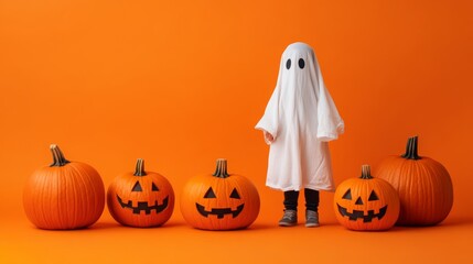 Halloween Fun: Child in Ghost Robe with Pumpkins on Bright Orange Background
