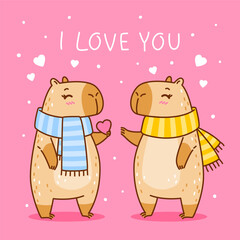Cute сartoon capybaras couple with heart  - funny animals for Your Valentines day design