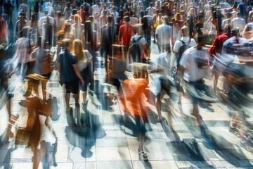 Obraz premium A blurry image of a crowded street with people walking and carrying bags, generative ai image