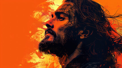 Fototapeta premium A soulful profile of a man with flowing hair against a vibrant orange backdrop at sunset. Generative AI