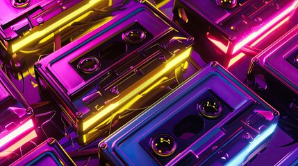 Obraz premium Retro 80s background with neon cassette tape patterns on a gradient of purple pink yellow