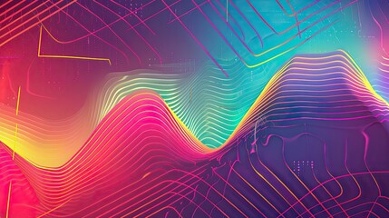 Naklejka premium Bold zigzagging lines and neon glow effects layered on a gradient of bright colors for 80s wallpaper