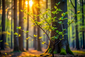 A small tree with green leaves is in a forest. The sun is shining on the tree, making it look bright and lively