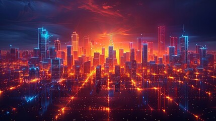 Fototapeta premium Urban 3D panorama - architectural background illustration. The city center is residential, business environment. Apartment rental - advertising background with glowing lines of transport