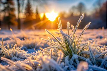 A field of grass covered in frost and snow with the sun shining brightly in the background. Concept of tranquility and peacefulness, as the sun's rays illuminate the frosty landscape