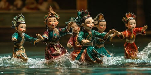Water puppet show with colorful costumes.