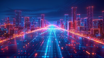 Fototapeta premium Urban 3D panorama - architectural background illustration. The city center is residential, business environment. Apartment rental - advertising background with glowing lines of transport