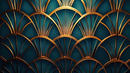 Glamorous bronze fan motifs on a deep blue and teal Art Deco backdrop