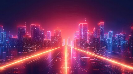 Fototapeta premium Urban 3D panorama - architectural background illustration. The city center is residential, business environment. Apartment rental - advertising background with glowing lines of transport
