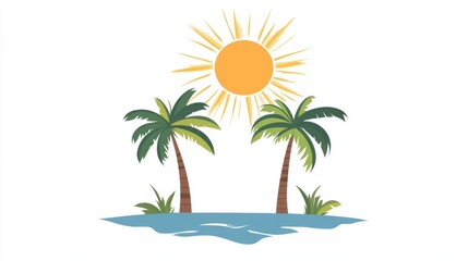Flat Vector illustration of coconut tree with leaf and sun