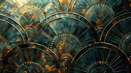 Bronze circular patterns highlighted by glowing effects on an emerald backdrop