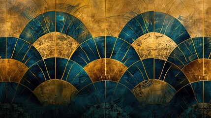 Fan-shaped designs in gold and navy on a teal gradient Art Deco wallpaper