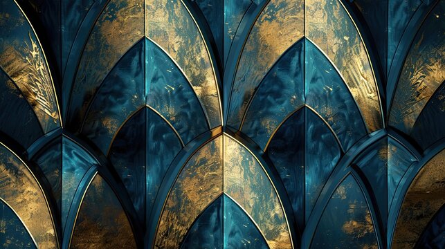Wave-like patterns in bronze and navy over a deep blue and teal Art Deco backdrop