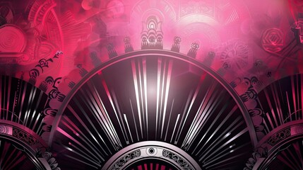 Silver sunburst motifs over a deep red and magenta gradient Art Deco background