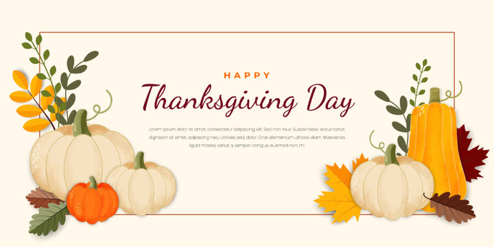 Happy thanksgiving greeting banner design template. Autumn background with pumpkin and dry fall leaves. Vector illustration