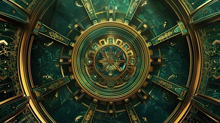 Obraz premium Gold radial motifs on a deep green and sapphire Art Deco background