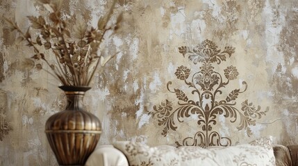 Intricate baroque patterns in muted tones on an aged vintage wallpaper background