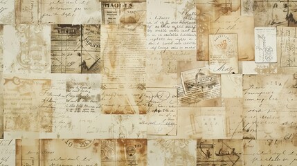 Vintage wallpaper featuring faded postcards and handwritten letters in sepia tones