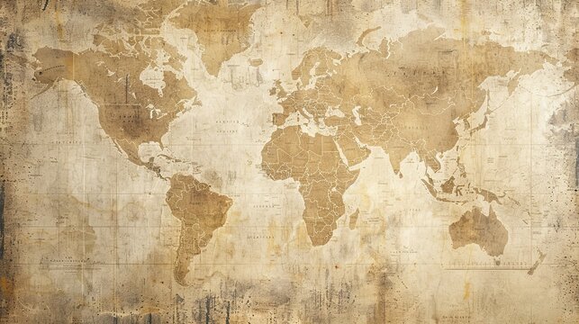 Fototapeta Sepia world map wallpaper with script and a distressed texture for an antique feel