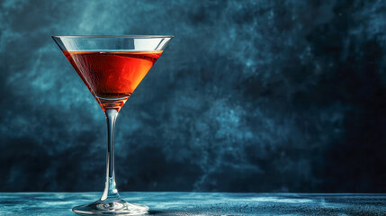 Manhattan cocktail on a blue textured background with copy space.