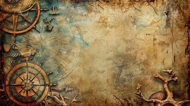Antique maritime background with compass roses and nautical charts exploring the seas