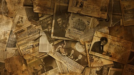 Antique theater playbills and posters arranged in a sepia-toned collage on a vintage backdrop