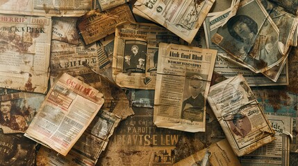 Vintage backdrop featuring old theater playbills and posters in sepia tones nostalgic theme
