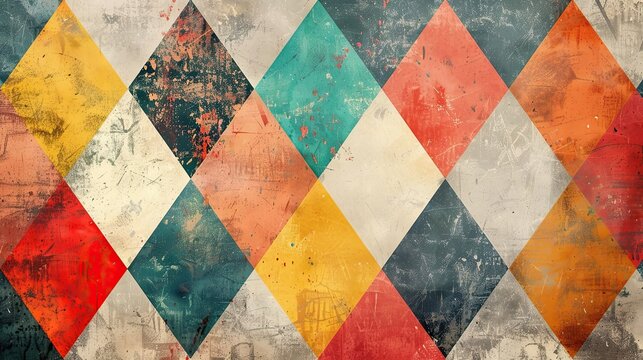 Bright harlequin diamond pattern on a faded retro vintage backdrop mid-century vibes