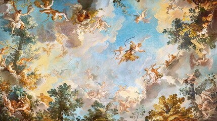 Baroque mural with mythological scenes in muted tones and gold accents for classical grandeur
