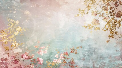 Subtle pastel tones with gold leaf filigree on a Baroque background creating a refined atmosphere