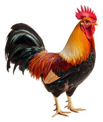Fototapeta premium Colorful rooster standing proudly in a farmyard, cut out - stock png.