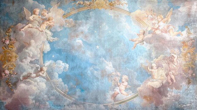 Baroque backdrop featuring celestial scenes with cherubs and stars in muted pastels and gold accents for an ethereal feel