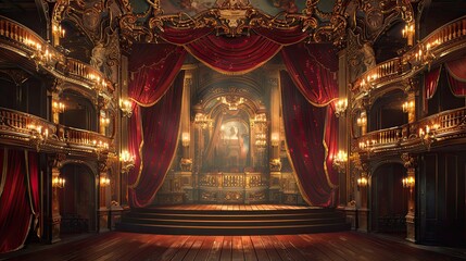 Obraz premium Baroque theater mural with ornate balconies and chandeliers in reds and golds for a dramatic and luxurious style