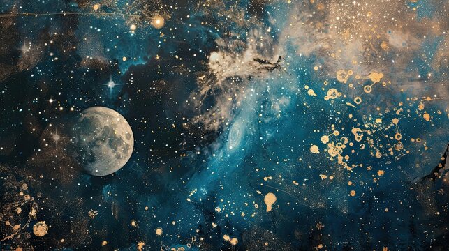 Celestial Baroque fresco with constellations featuring stars and planets in deep blues and gold for a mystical atmosphere