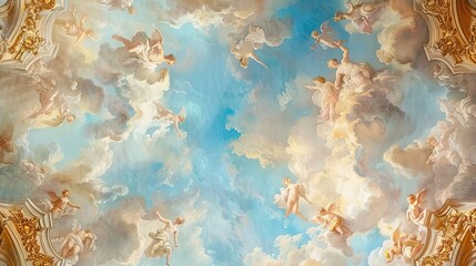 Hand-painted Baroque mural of a ballroom ceiling featuring cherubs and clouds with gold accents in pastel hues for an elegant touch